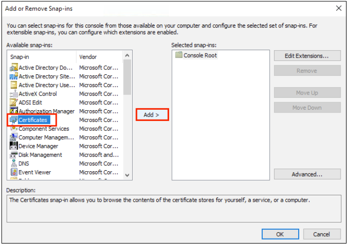 Add Certificate in Add Or Remove Snap-Ins Window
