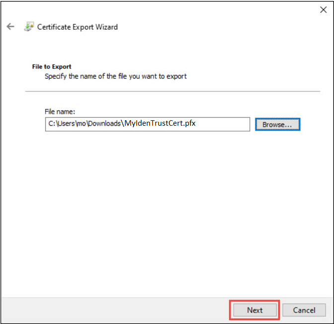 Certificate Wizard Export Step Press next