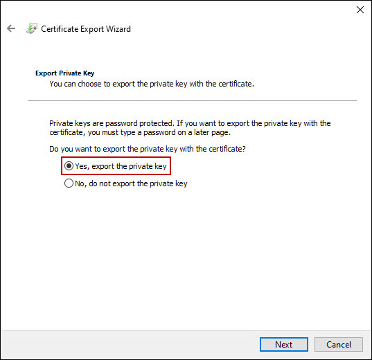 Certificate Export Wizard select Yes