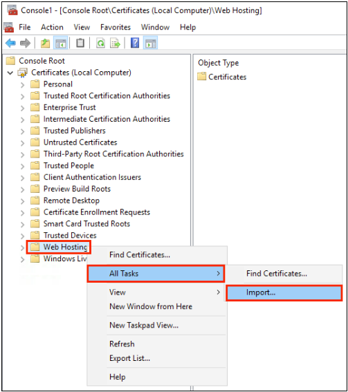 IIS 10 Console Window selecting web hosting > all tasks > Import