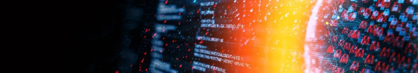 Lock icons around a globe with code to the side