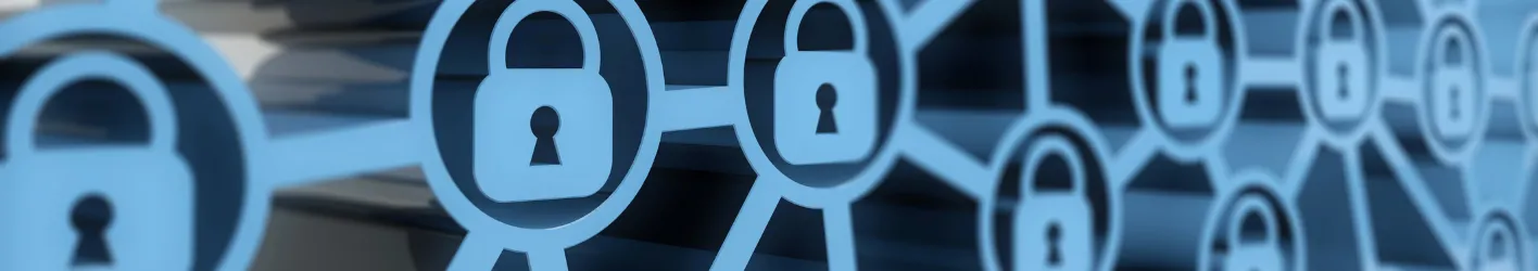 Lock icons inside circles networked to other circles with lock icons in them