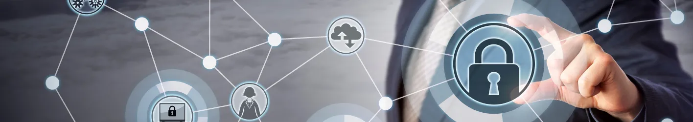 man touching virtual lock that is connected to other icons by lines and dots