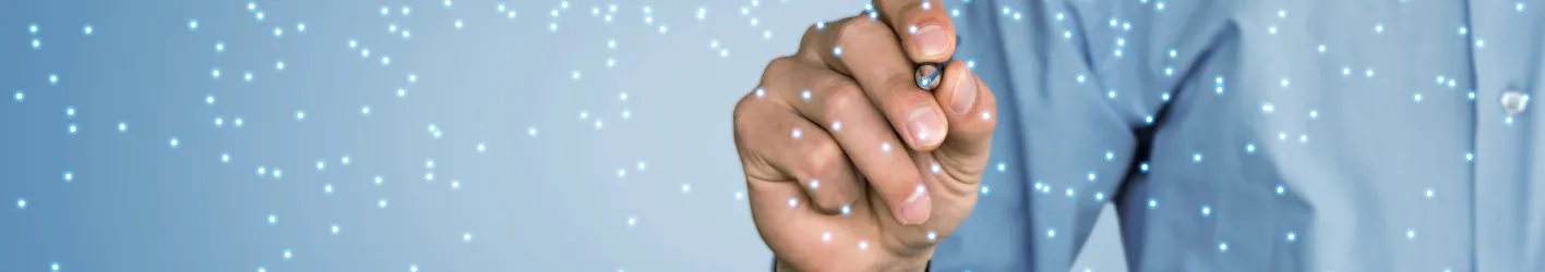 Person with pen putting a dot on a foreground of many other dots. The dots are light blue.