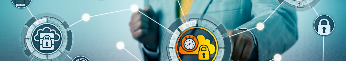 Man in background with icons of locks and clouds in the front connected between dots and lines