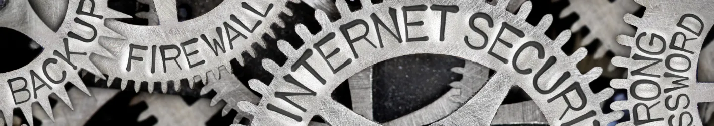Gears with words like Internet Security, Firewall, and Backup engraved on them