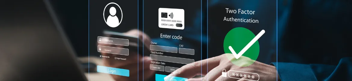 Transparent screens with 2 factor authentication with a person on a computer in the background