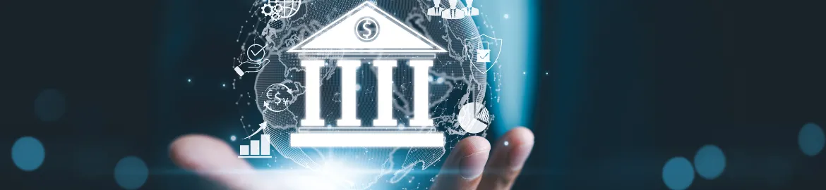 transparent globe in the palm of a persons hand with an image of a government building in front of the transparent world