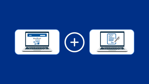 Two laptop icons with a plus in the middle representing signing of digital document