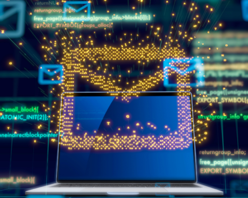 Digital envelope icons. The front yellow one is made out of orange dots.