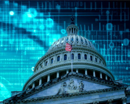 Picture of government building with digital symbols in the background